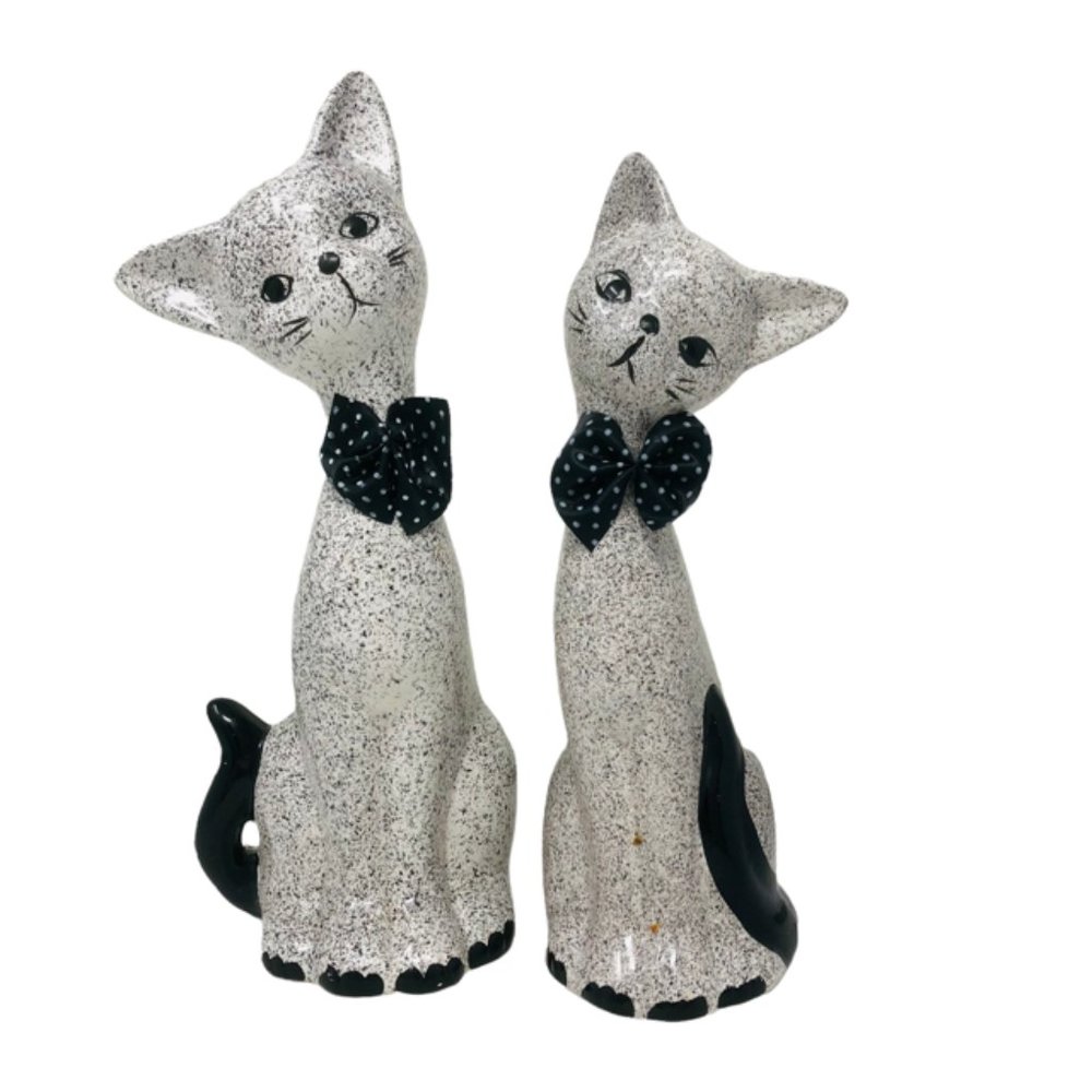 2 Vintage Long-Necked, Speckled Ceramic Cats, '70s, Bows Black, White, Gray